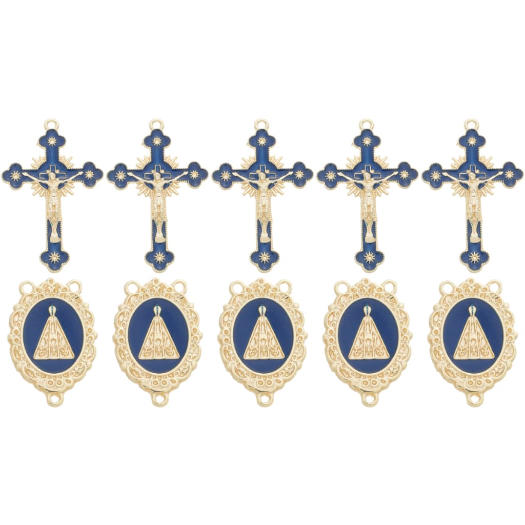 Kit 5 Pingente Cruz Jesus Resinado + 5 Entremeio Nossa Senhora Aparecida Para Fazer Terço Dourado