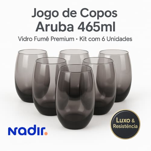 Jogo Copos Vidro Reforçado Preto Translúcido Oval Fumê 465ml Aruba Nadir Cozinha Moderna