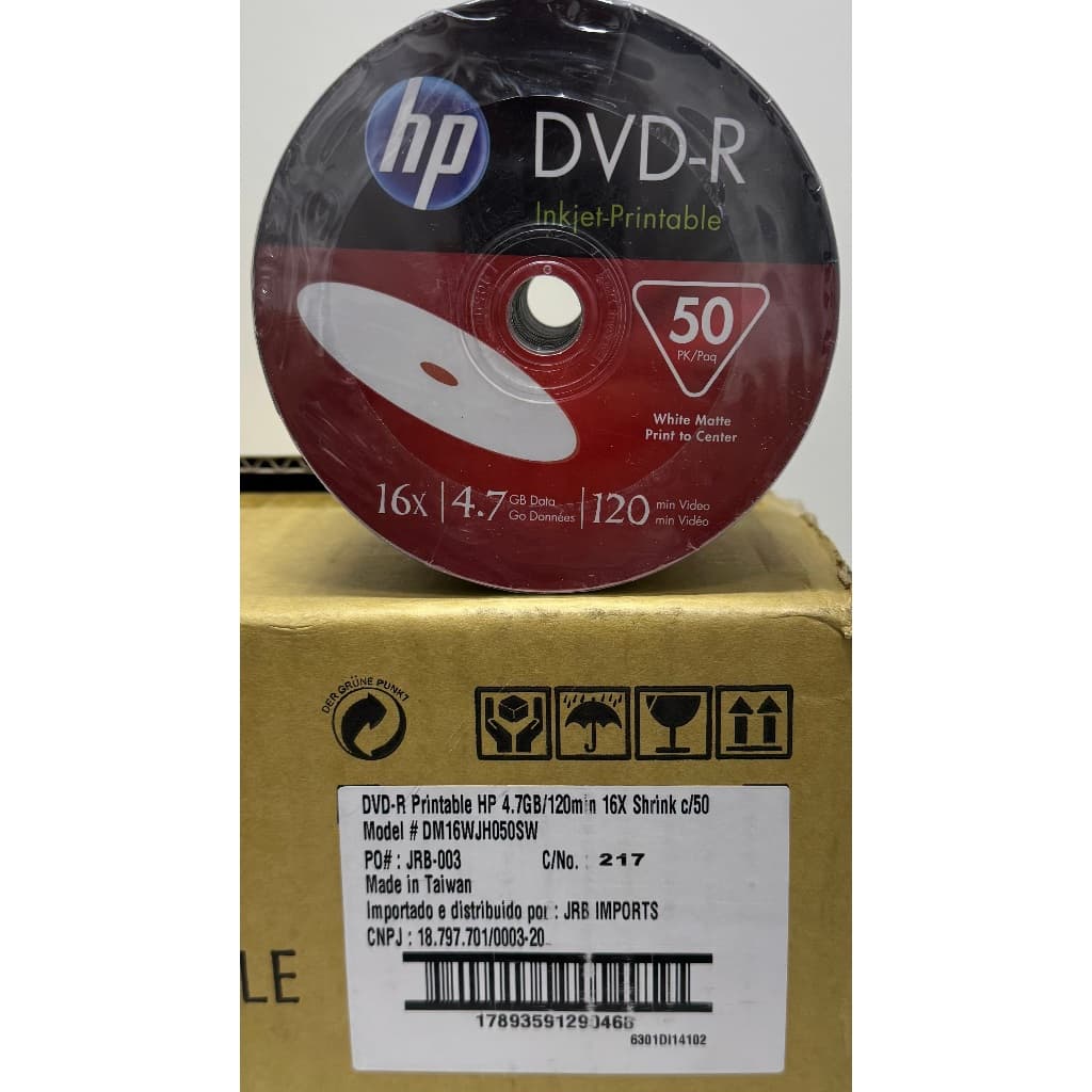 50 MIDIAS DVD-R HP PRINTABLE 4.7GB DE 120 MINUTOS