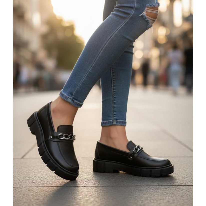 Sapato Mocassim Feminino Tratorado Blogueira Preto Casual Confortável Tamanhos Extras Marca KLON