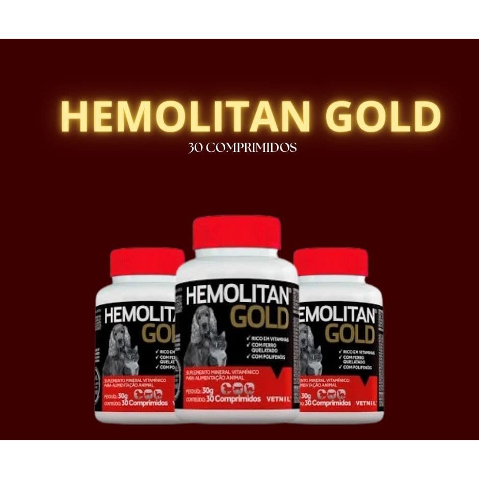 Hemolitan Gold 30 Comprimidos - Suplemento Para Cães E Gatos Com 30 Comprimidos Vetnil