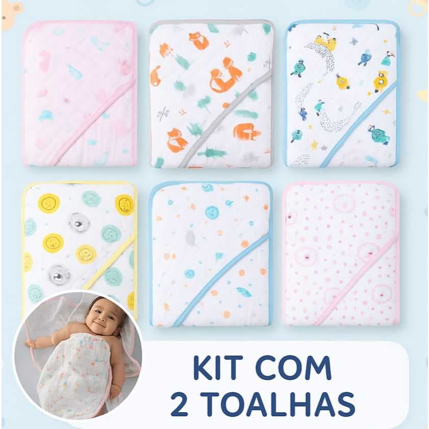 Kit Com 2 Toalha De Banho Com Capuz Para Bebê Fralda Macia com Bainha Estampada Toalha De Fralda  80x80