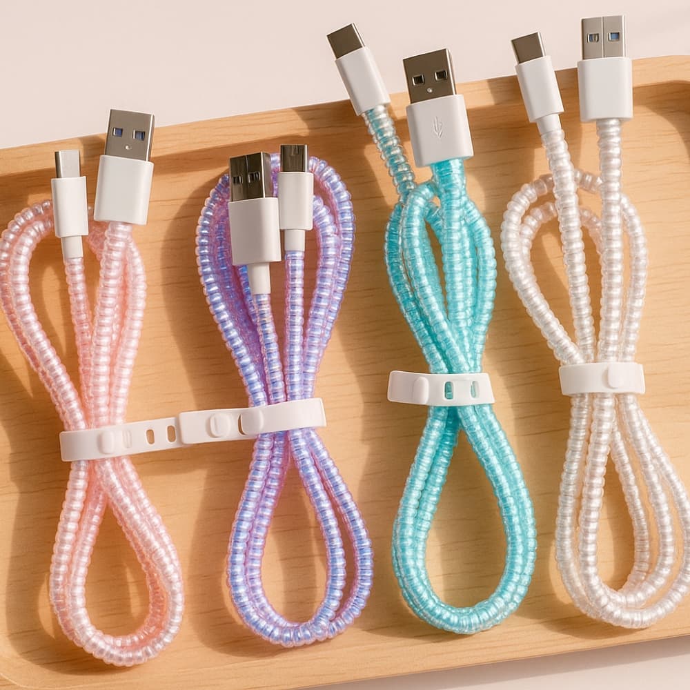 Protetor de Cabo de Carregador 140cm (1,4M) Espiral Perolado Proteção Organizador Caracol Colorido Brilho