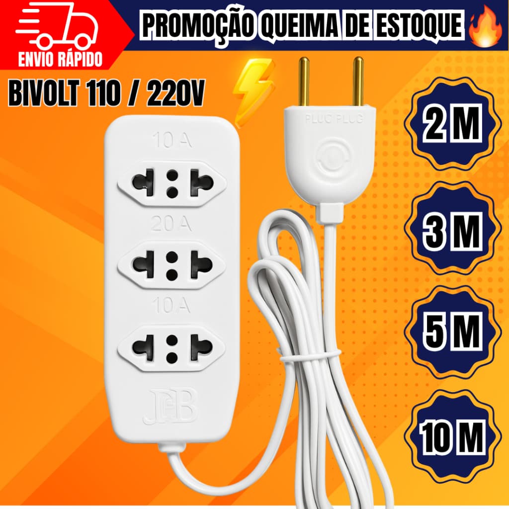 Extensão Elétrica 3 Tomadas Tripolares Cabo Prolongador Bivolt 10A 1 / 2 / 3 / 5 e 10 Metros