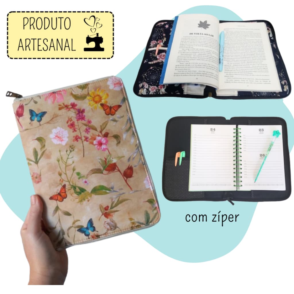 Case com zíper para livro ou agenda - Capa de tecido - Produto Artesanal