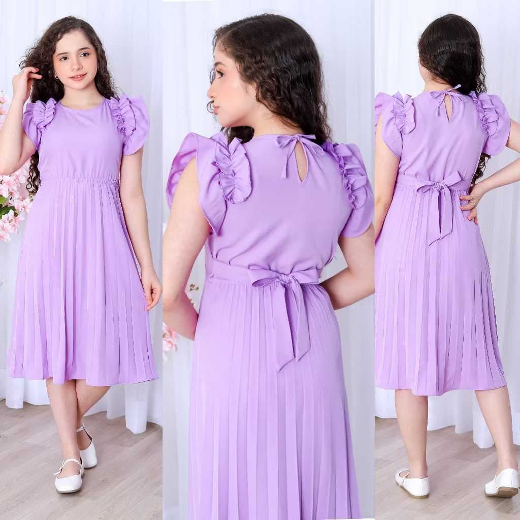 Vestido Juvenil Meninas Plissado Com Babado Evangélico