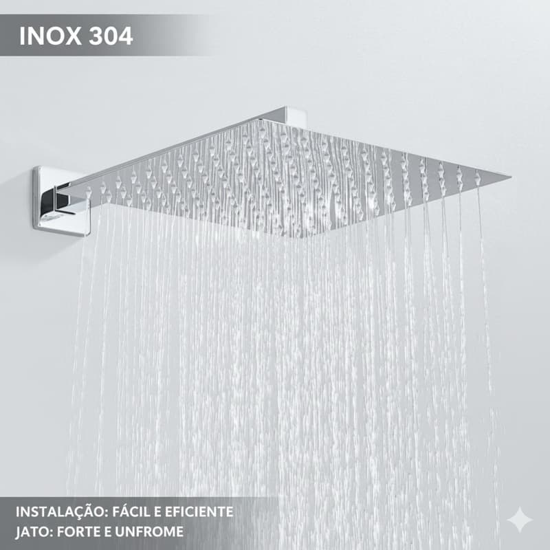 Ducha Chuveiro de Inox 304 de Luxo 20x20 Para Banheiro, Piscina e Área externa Preto/Cromado