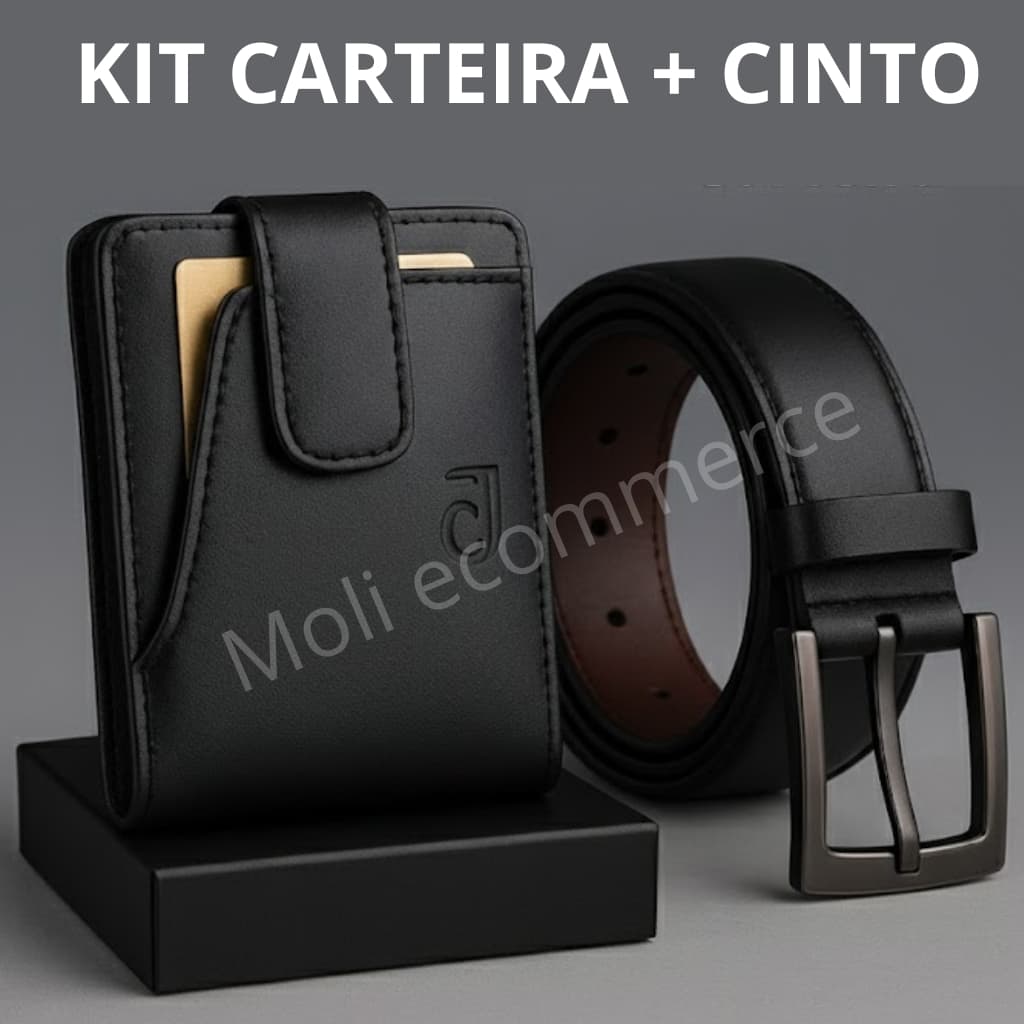 Kit Carteira Masculina Couro Original + Cinto Masculino 2 em 1 Dupla Face