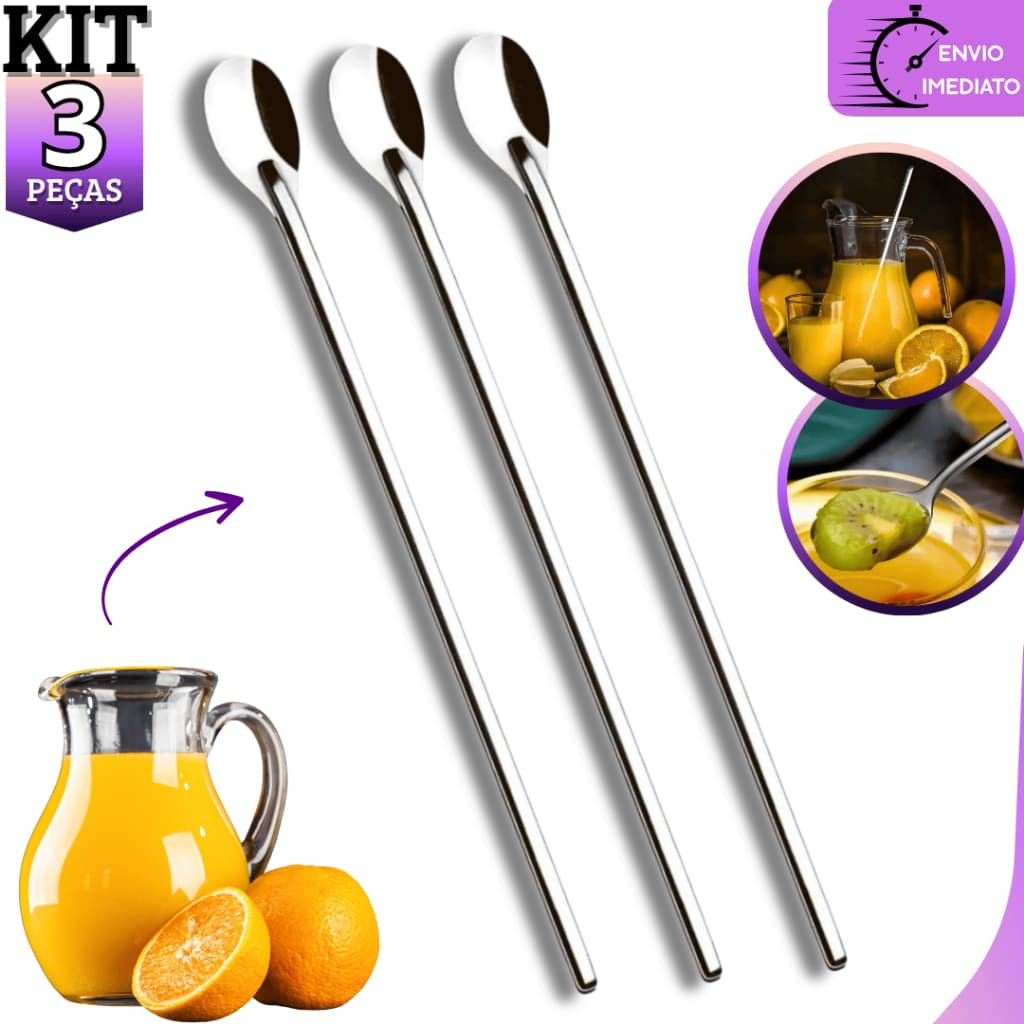 Kit 3 Colher Bailarina Para Suco Drinks Em Aço Inox 30cm Grande