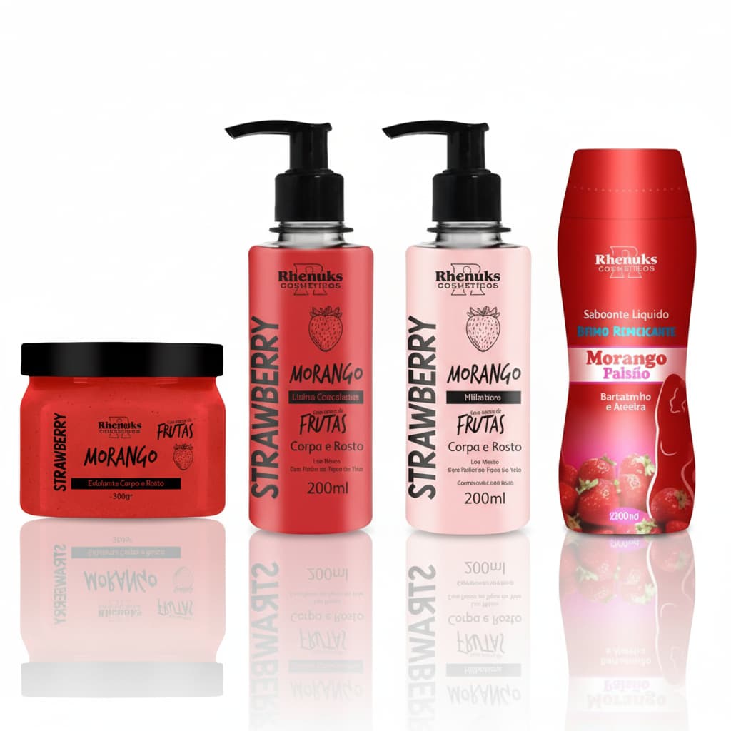 KIT SABONETE INTIMO + ESFOLIANTE + SABONETE LIQUIDO + HIDRATANTE CORPORAL - MORANGO - RHENUKS