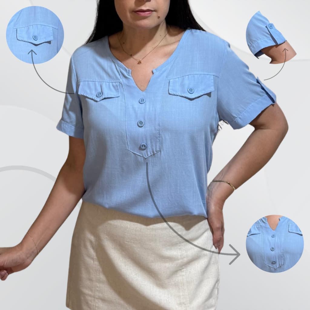 Blusa Camisa Feminina Casual Social com Botão Manga Curta em Viscolinho