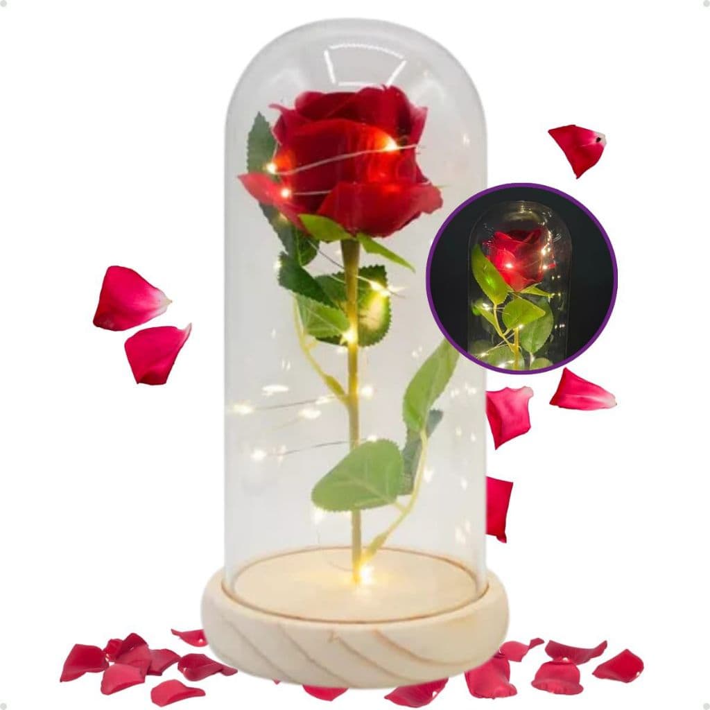 Rosa Encantada com Luz LED Cúpula Transparente Flor Eterna Decorativa e Presente Romântico Perfeito
