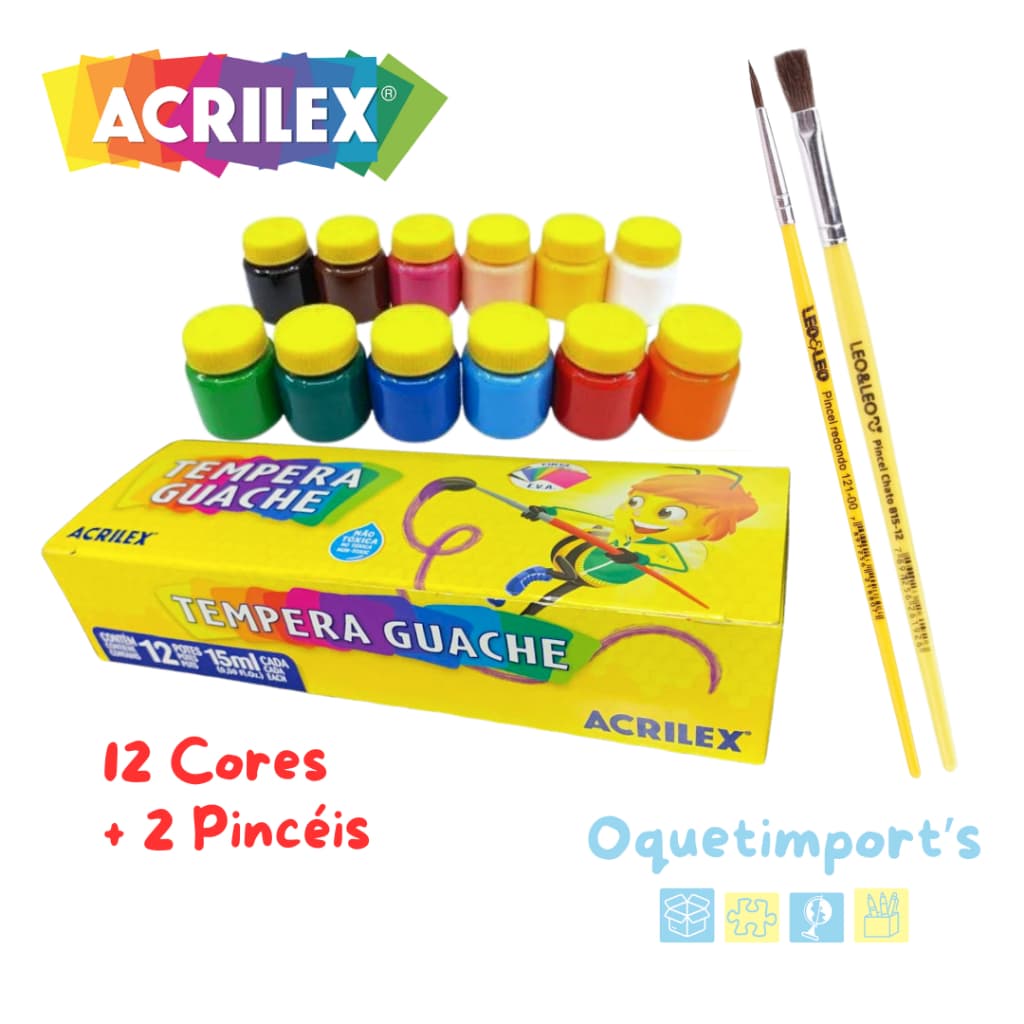 Tinta Tempera Guache 12 Cores Acrilex + 2 pincéis LeoLeo - Não tóxico
