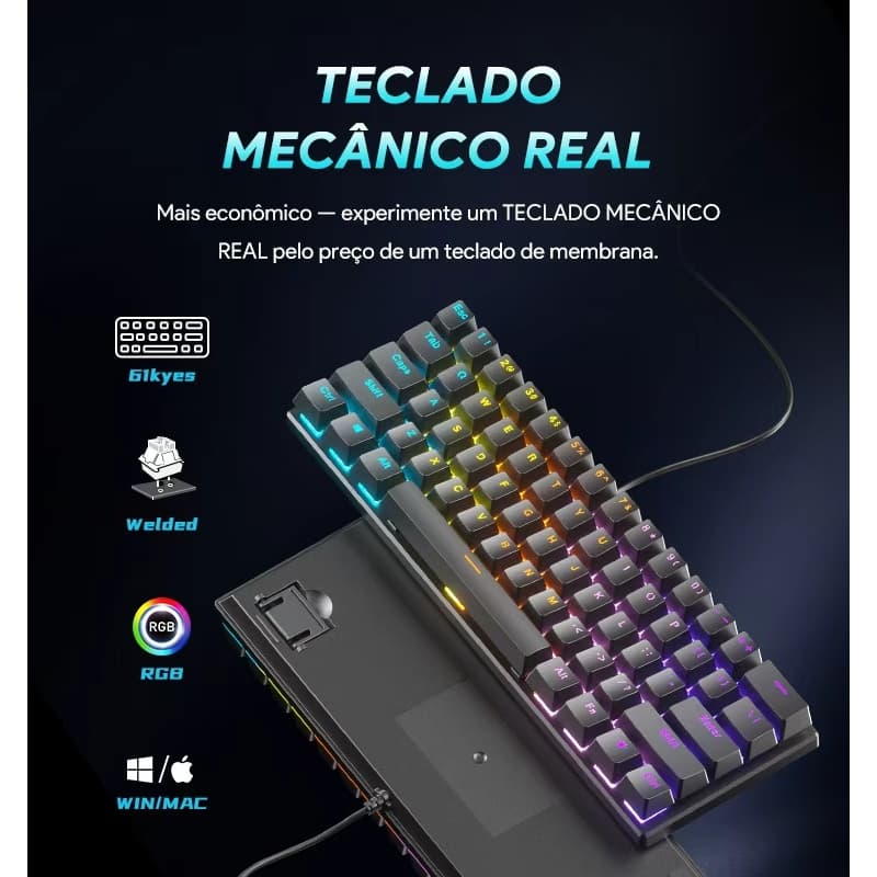 Teclado Mecânico Gamer 60% com Switch Azul VERMELHO e RGB Rainbow BD61