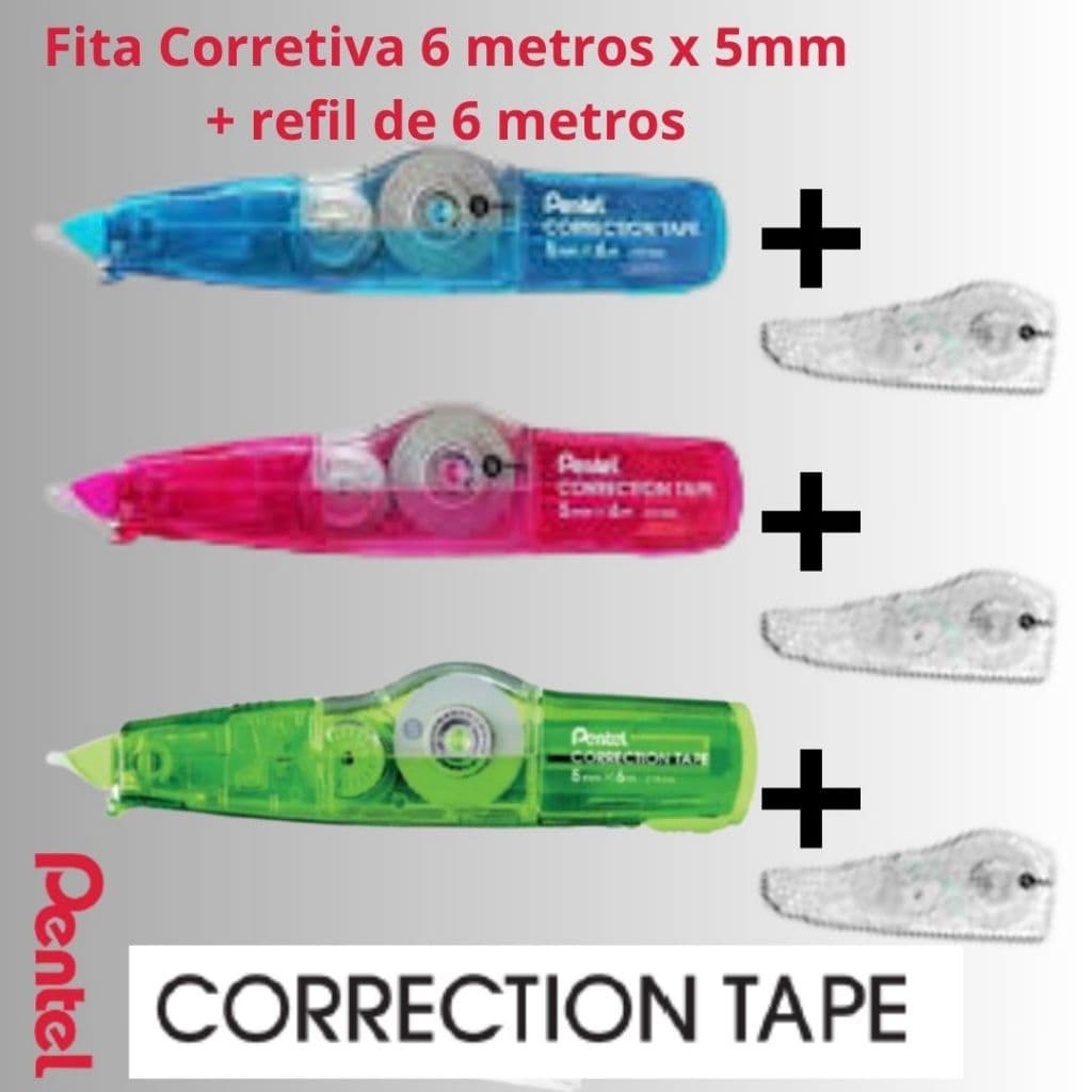 Fita Corretiva Pentel 6 metros x 5mm Recarregável + Refil grátis com 6 metros ZTP205R ou só ZTP5RW