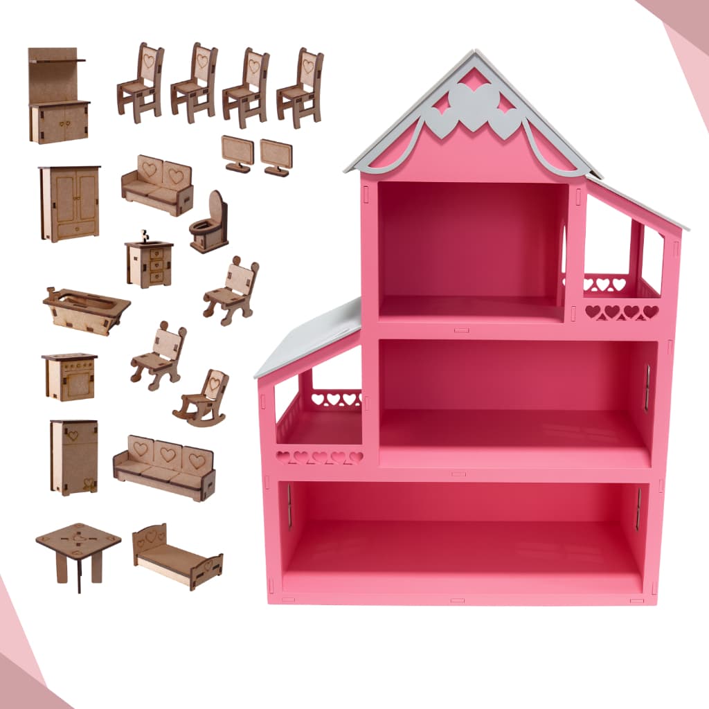 Casa Boneca Polly Mdf Pintada Rosa + Kit 20 Mini Móveis MONTADO - 40cm
