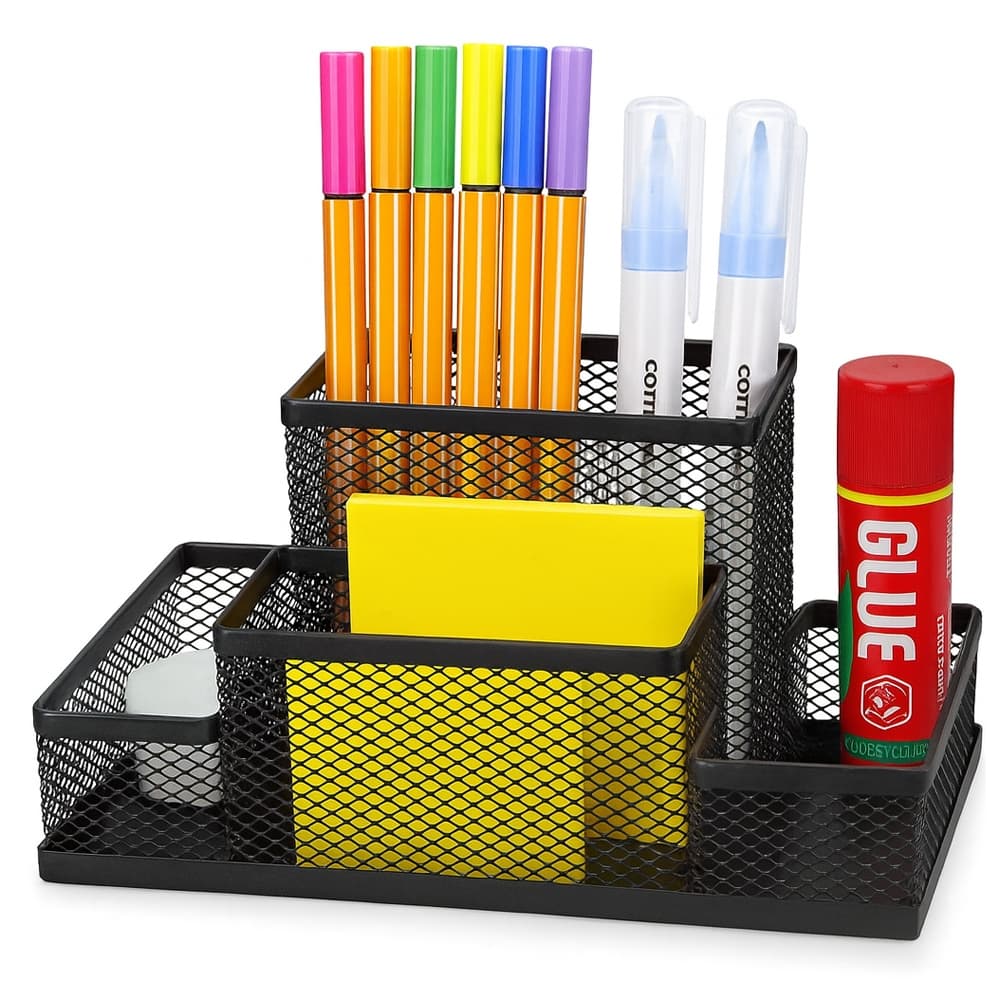 Porta Lápis Organizador de Mesa Caneta Clips Metal Preto com Divisórias para Escritório Escola