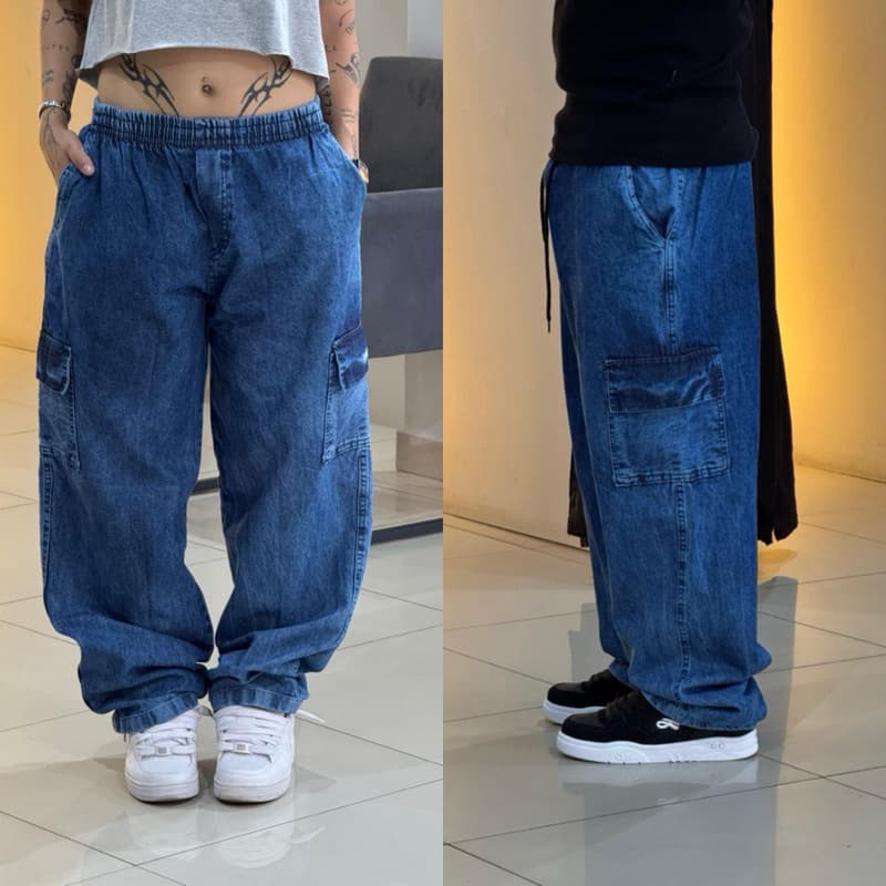 Calça Cargo Jeans larga masculina feminina 5 bolsos Azul Marmorizado moda street skate