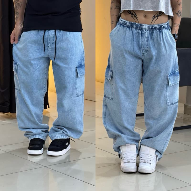 Calça Cargo Jeans larga masculina feminina 5 bolsos Azul Claro Marmorizado moda street skate