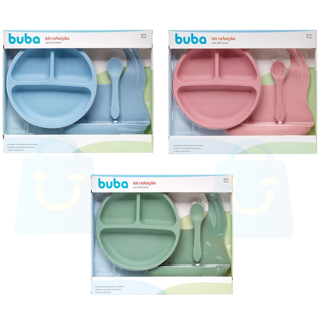 Kit Refeição Prato Ventosa Babador E Colher Silicone Buba