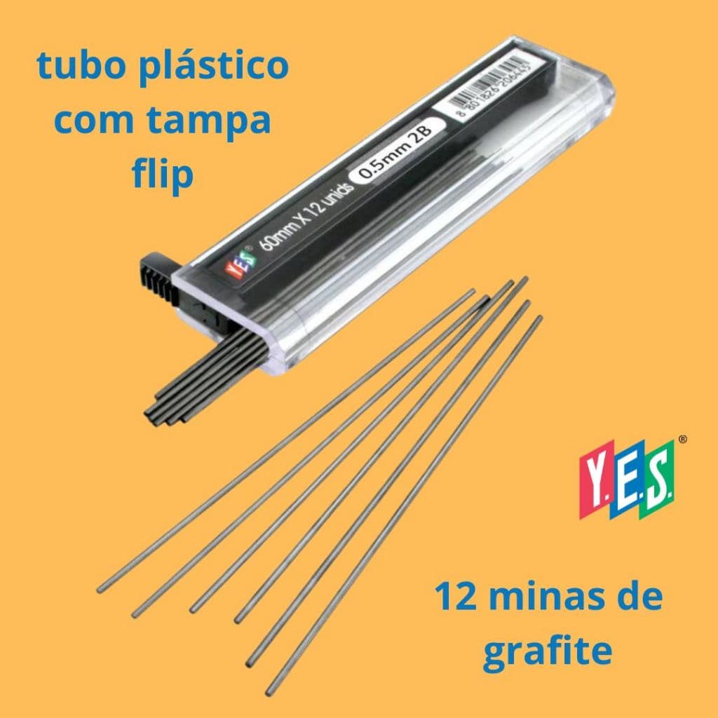 Grafite para Lapiseira 0,3 0,5 0,7 0,9mm YES 2B B HB tubo c/12 minas Hi Polymer
