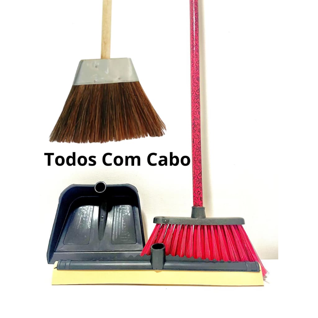 Kit Vassoura + Rodo + Pá + Piaçava Todos com Cabo