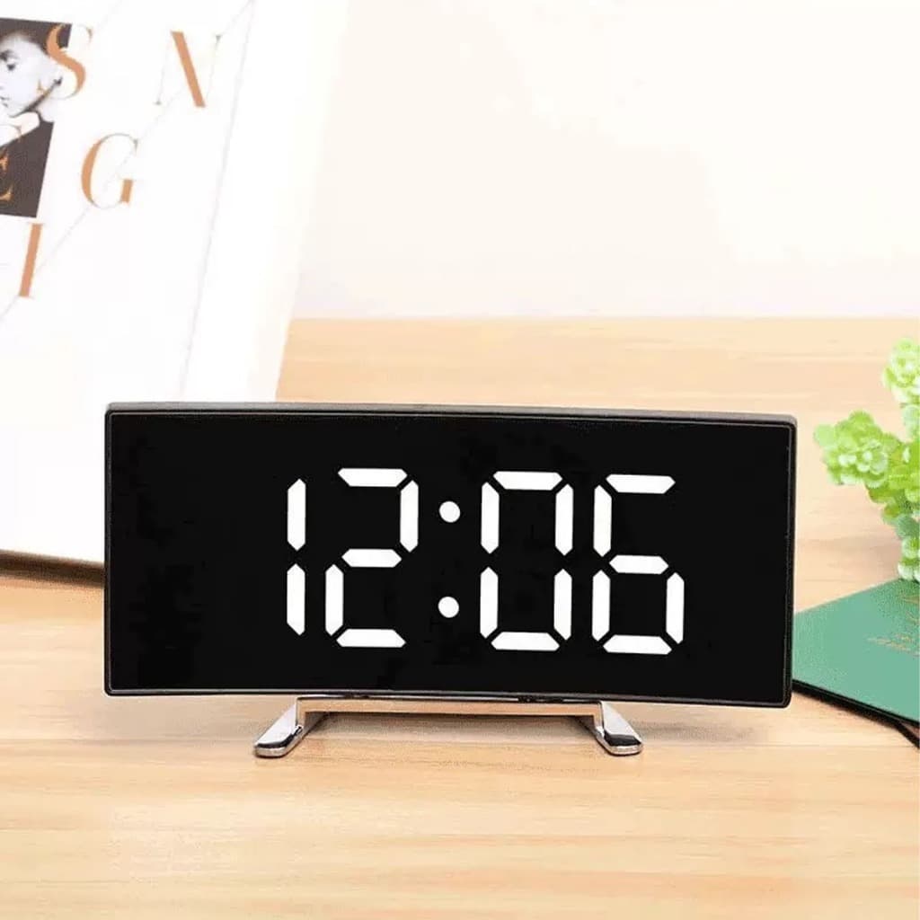 Led Relógio Digital Espelho Tela Curvada 7 Polegada De Mesa Com Temperatura Alarme Soneca Voz Ativação USB