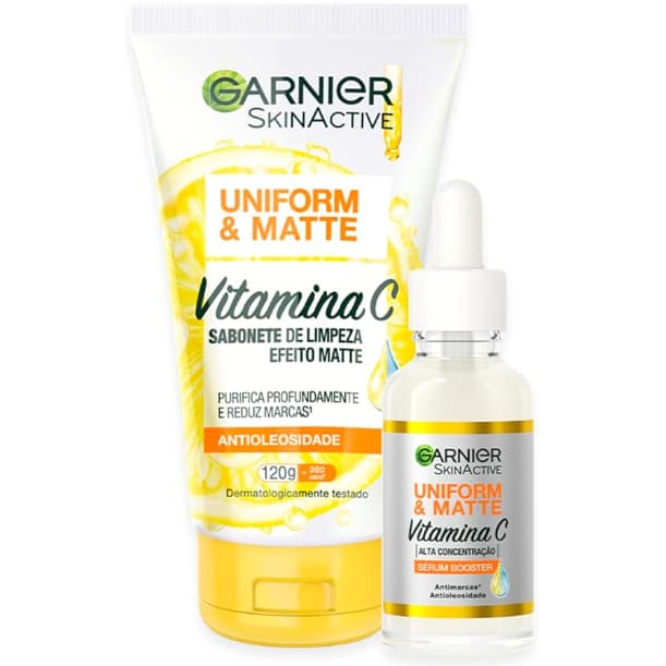 Garnier Uniform & Matte, Kit Skincare Creme de Limpeza Facial Vitamina C 120g e Sérum Booster Antimarcas 15ml, Efeito Pe