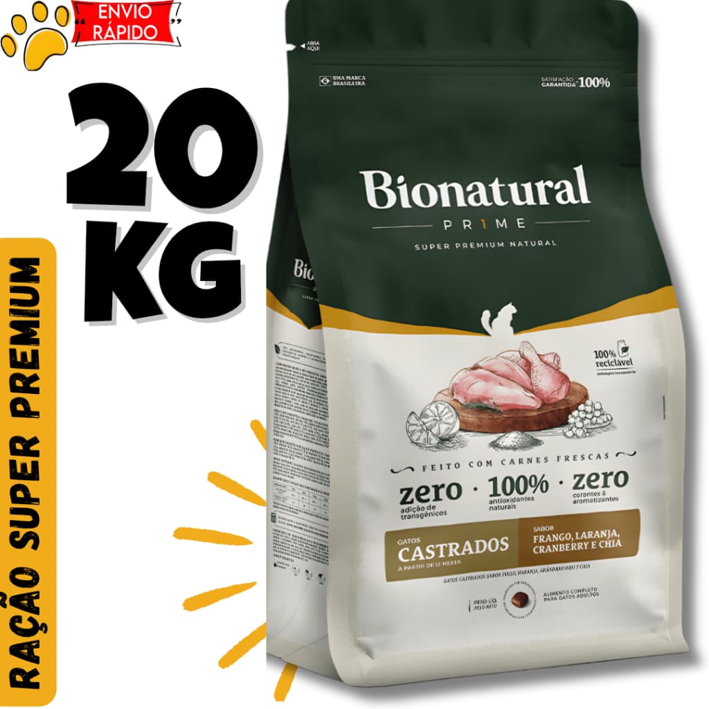 Ração Super Premium Bionatural para Gatos Castrados 20kg sabor Frango Envio Rápido