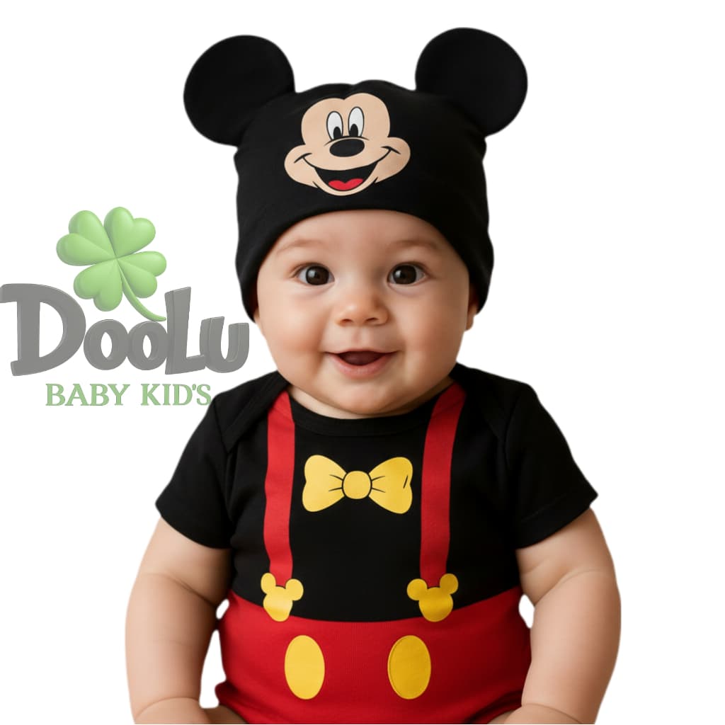 Body de Bebê Mickey + Touca / Bore Mêsversario Temático / Mickey Gravata