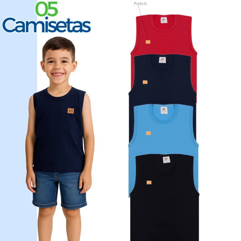 Kit 5 Camisetas Regatas Infantil e Juvenil Menino Básica Tamanho 1 - 14 anos