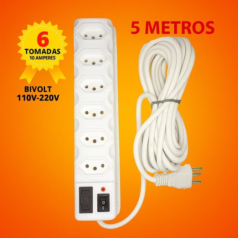 Filtro de Linha Branco 3, 4, 5 e 6 Tomadas Régua Elétrica 3 e 5 METROS