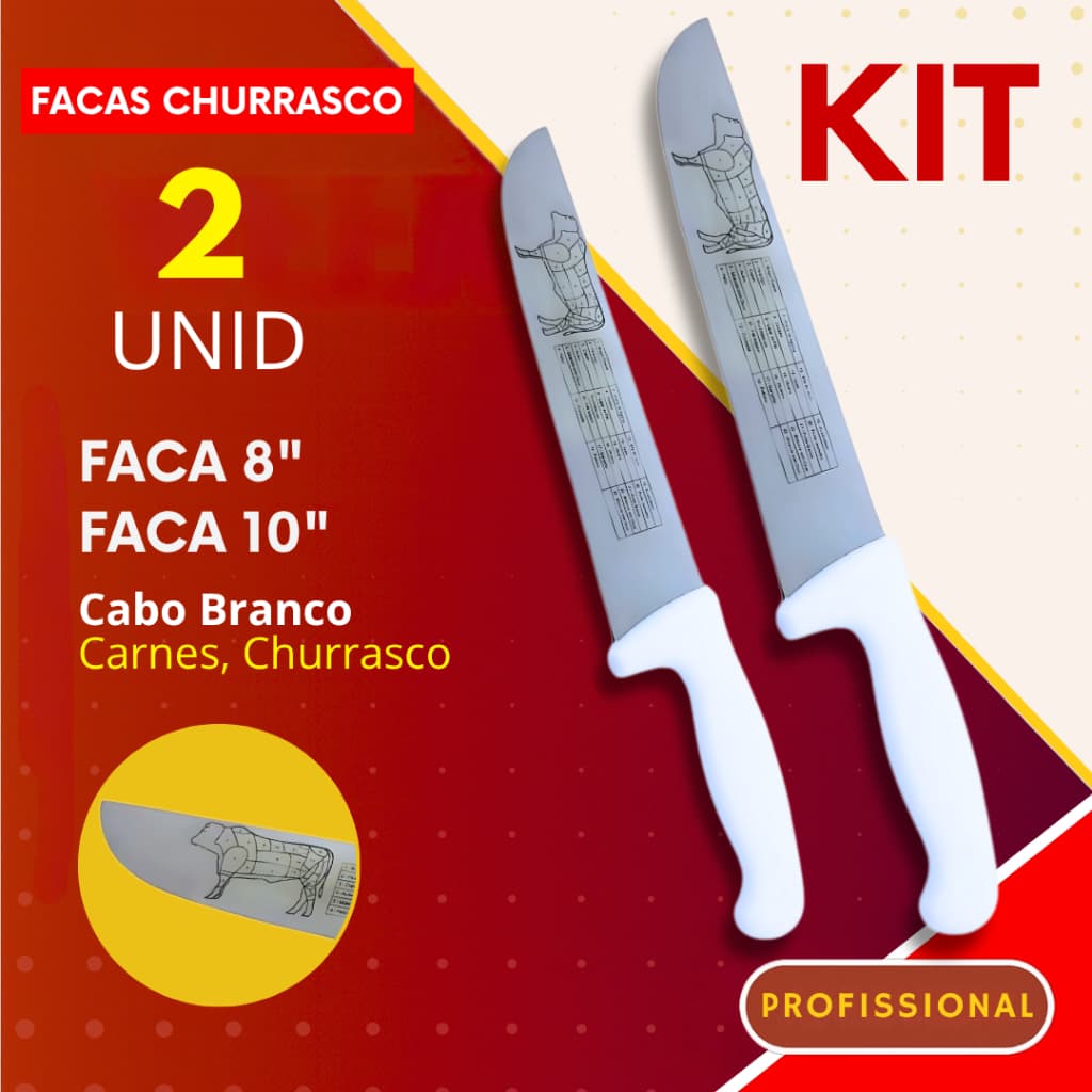 Kit 2 Facas Aço Inox 10" e 8" – Açougue, Churrasco e Cozinha Cabo Branco Faca Churrasco