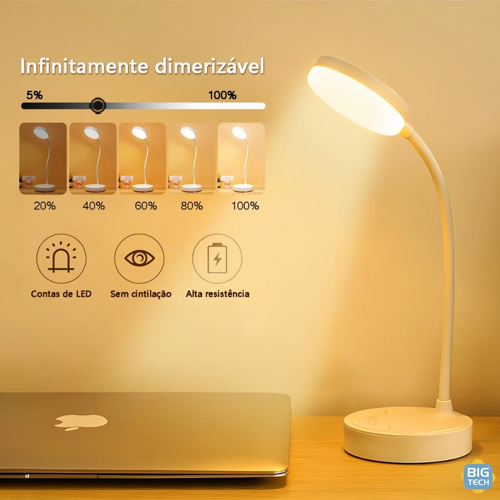 Luminária De Mesa Recarregáveis Led Com Proteção Os Olhos 360° Ajustável 3 Cores de Luz
