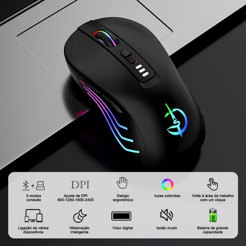 Mouse Sem Fio Recarregável Led RGB Clique Silencioso 2.4 Ghz Ergonômico Gamer Home Office
