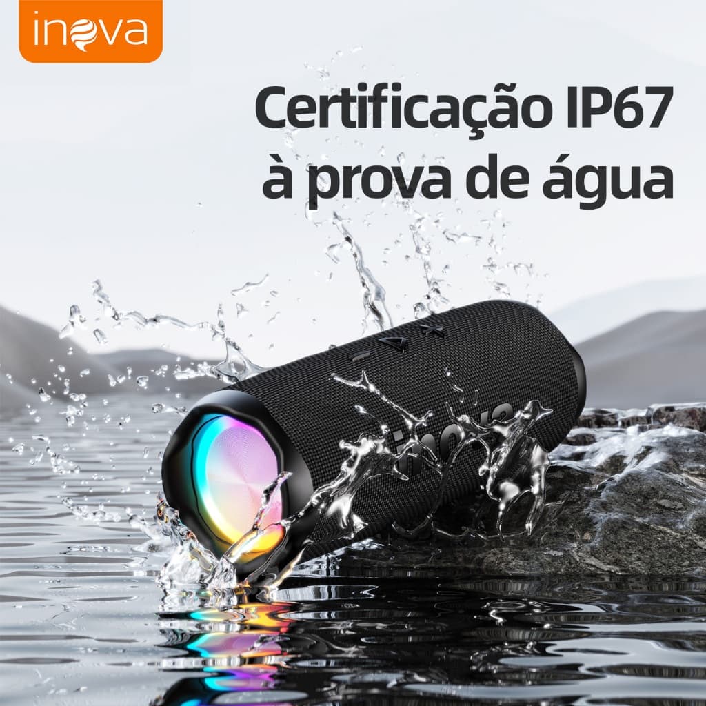 INOVA Caixa de Som Bluetooth Portátil IPX67 com LED, Som Potente 16W, Bateria 2400mAh