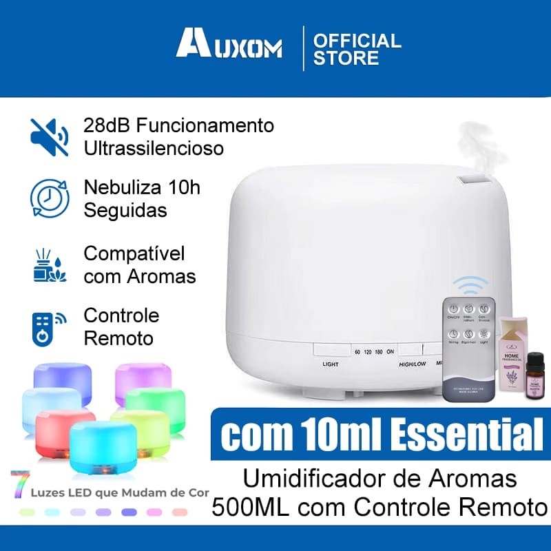 Umidificador Difusor Aromatizador 500ml Ultrassônico Estilo Branco com Led 7 cores com controle