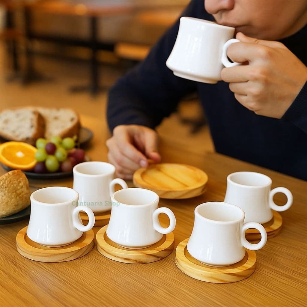 Jogo 6 Xícaras Porcelana Branca 60ml Premium Café Chá Capuccino + 6 Pires Madeira Elegante