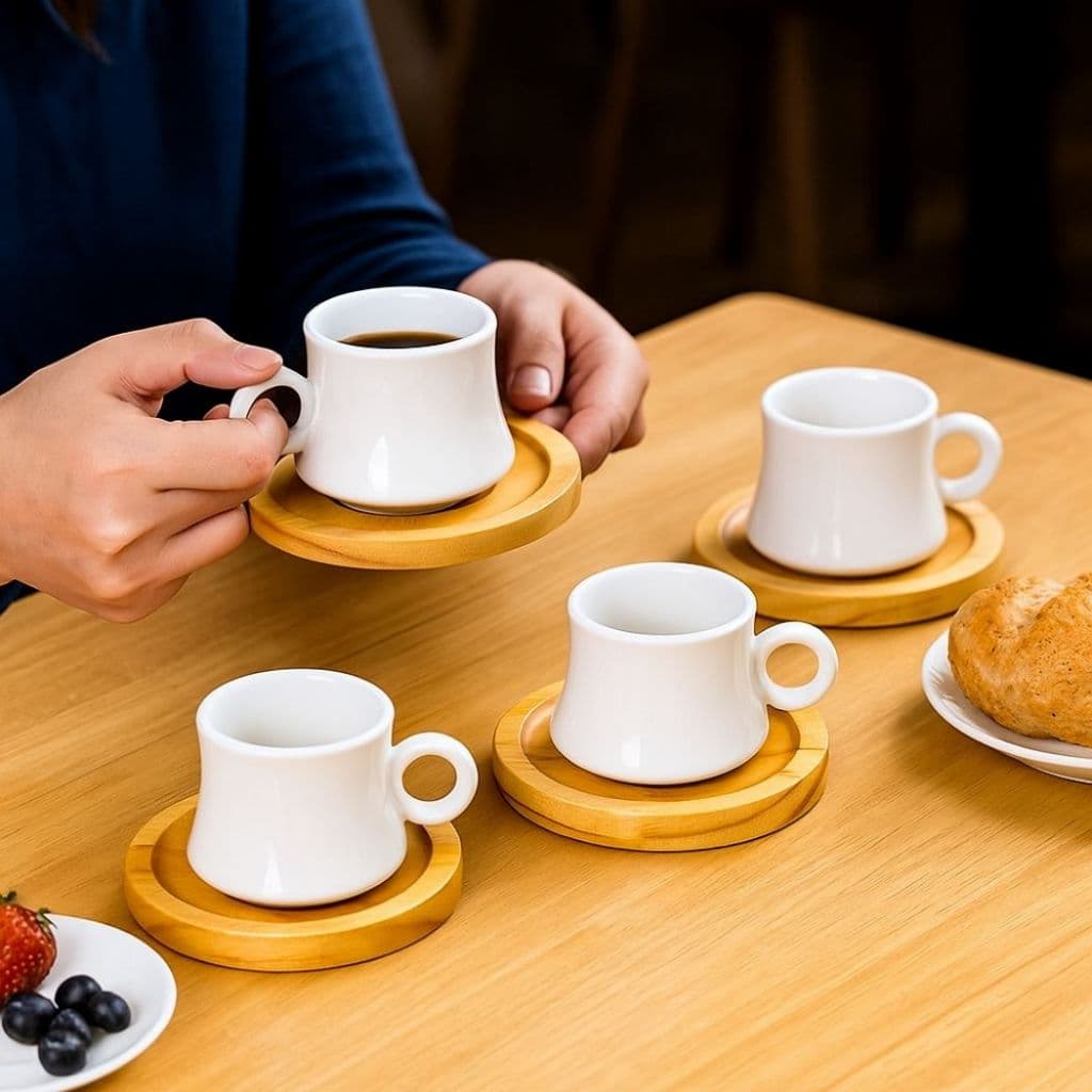 Jogo 4 Xícaras Café 60ml Porcelana Branca com 4 Pires Madeira Capuccino Chá Leite Pingado Premium