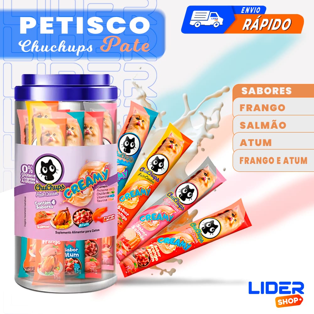 Patê Cremoso para Gatos ChuChups – Pote com 24 Tubos de 15g Cada Tipo Churu e Truly