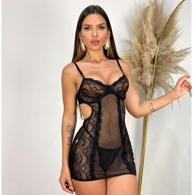 Camisola Tule Sensual Aro Transparente Com Calcinha