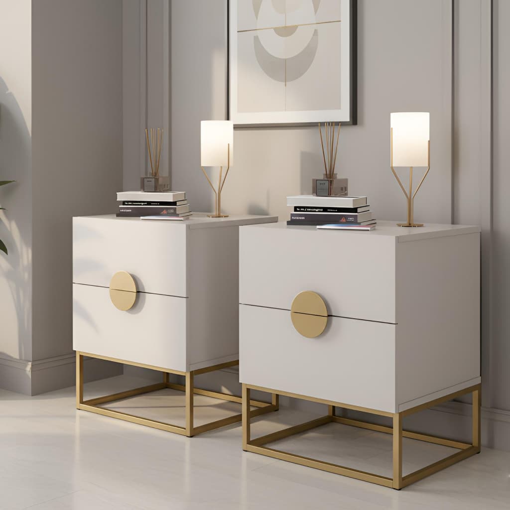 Kit 2 Mesas de Cabeceira Industrial Steel Luxo com 2 Gavetas Base de Aço Puxador Lua - LH Móveis