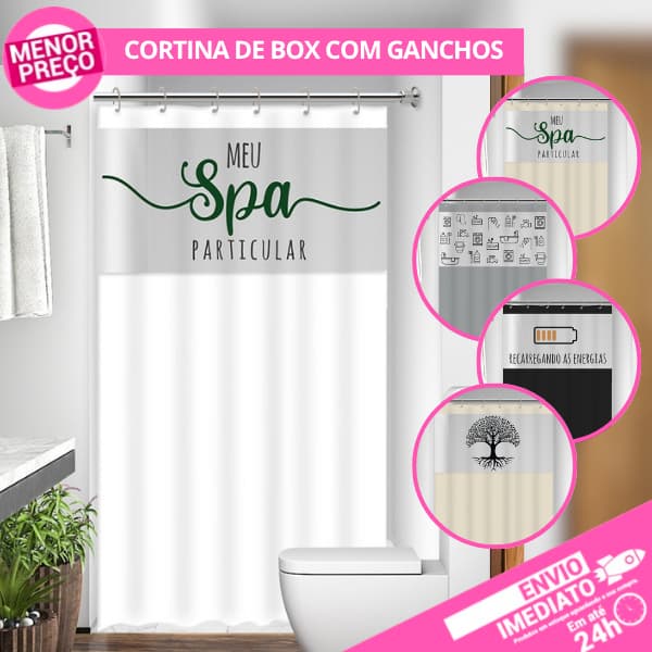 Cortina de Box c/ Visor Transparente Resistente Estampa Moderna Frases com Ganchos PVC Antimofo