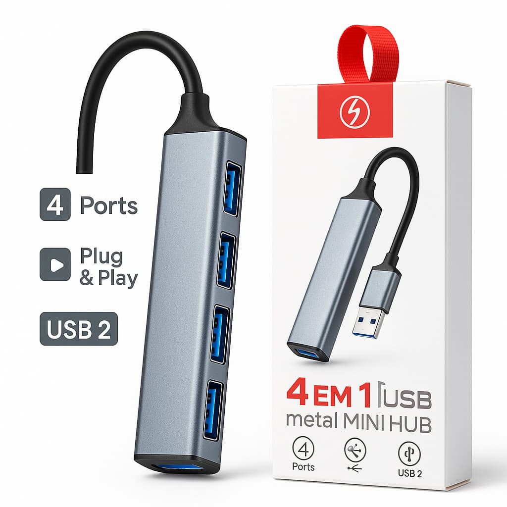 Hub USB 4 em 1 Alumínio Portátil – 4 Portas USB 2.0, Plug & Play para Notebook e PC Envio Imediato !