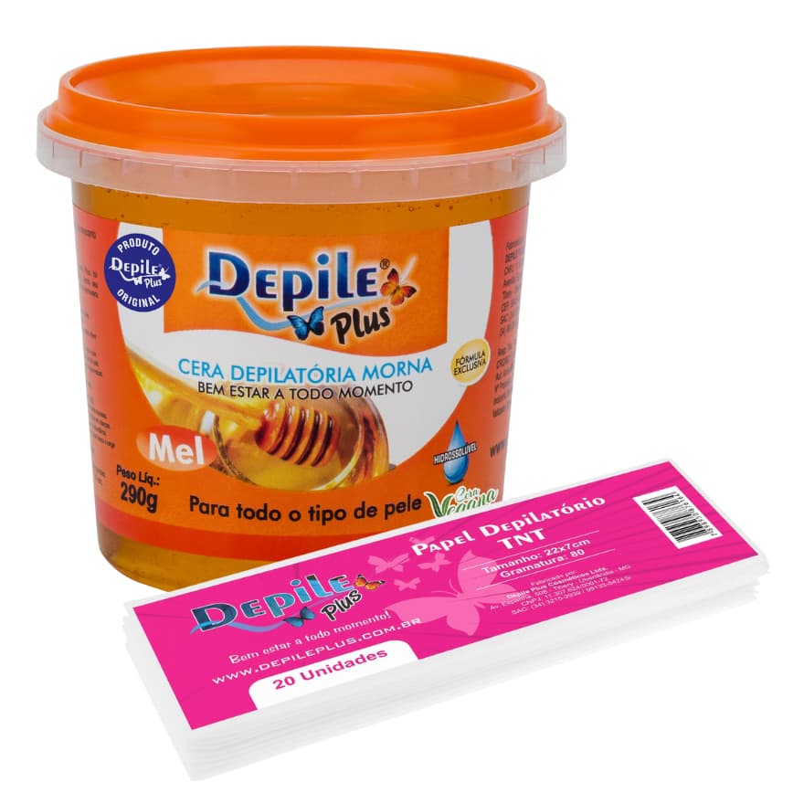 Kit Cera Depilatória Hidrossolúvel Mel 290g+Papel para Depilação com 20 unidades Depile Plus