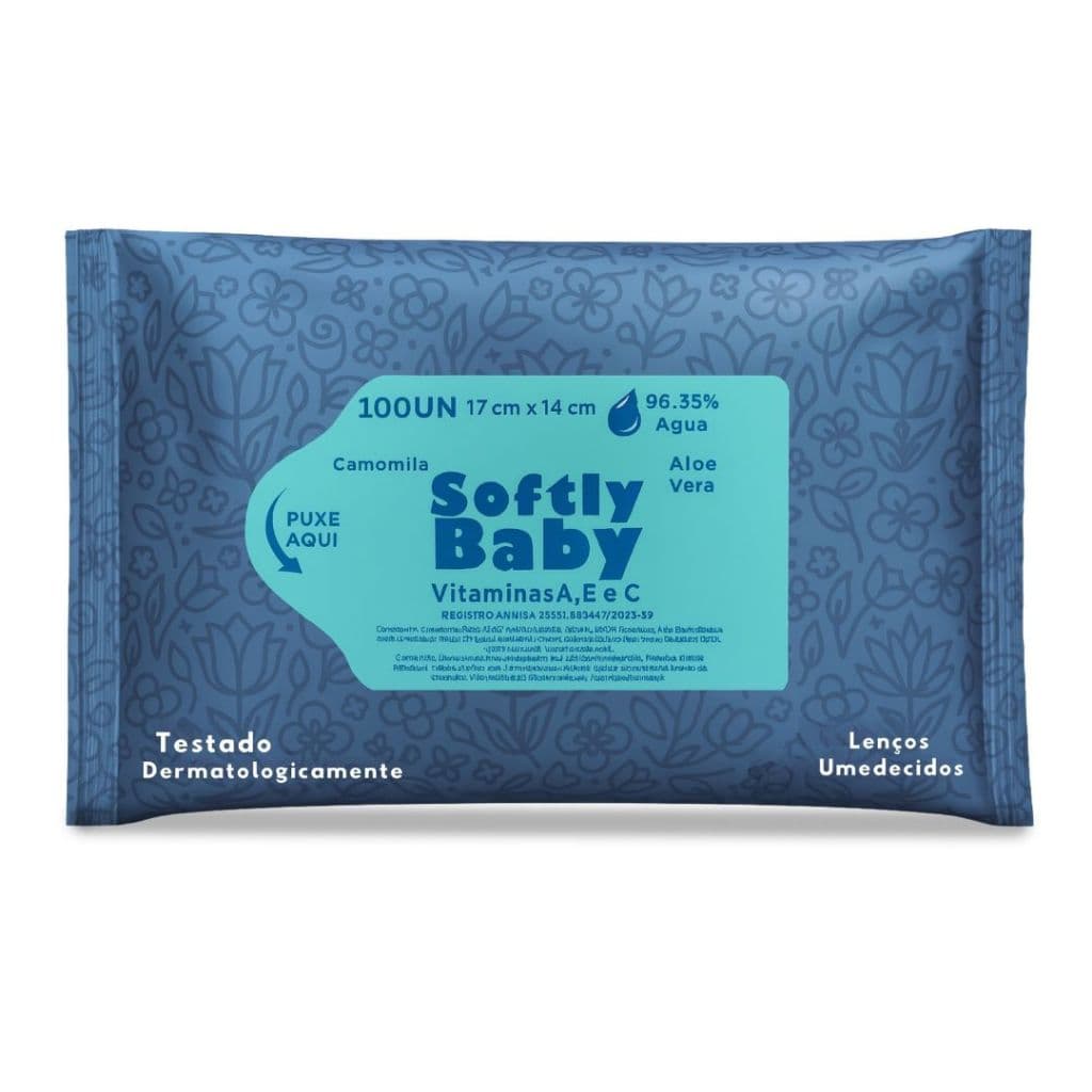 100Un Lenço Umedecido Baby Softly com Vitaminas A, E, C, Aloe Vera e Camomila
