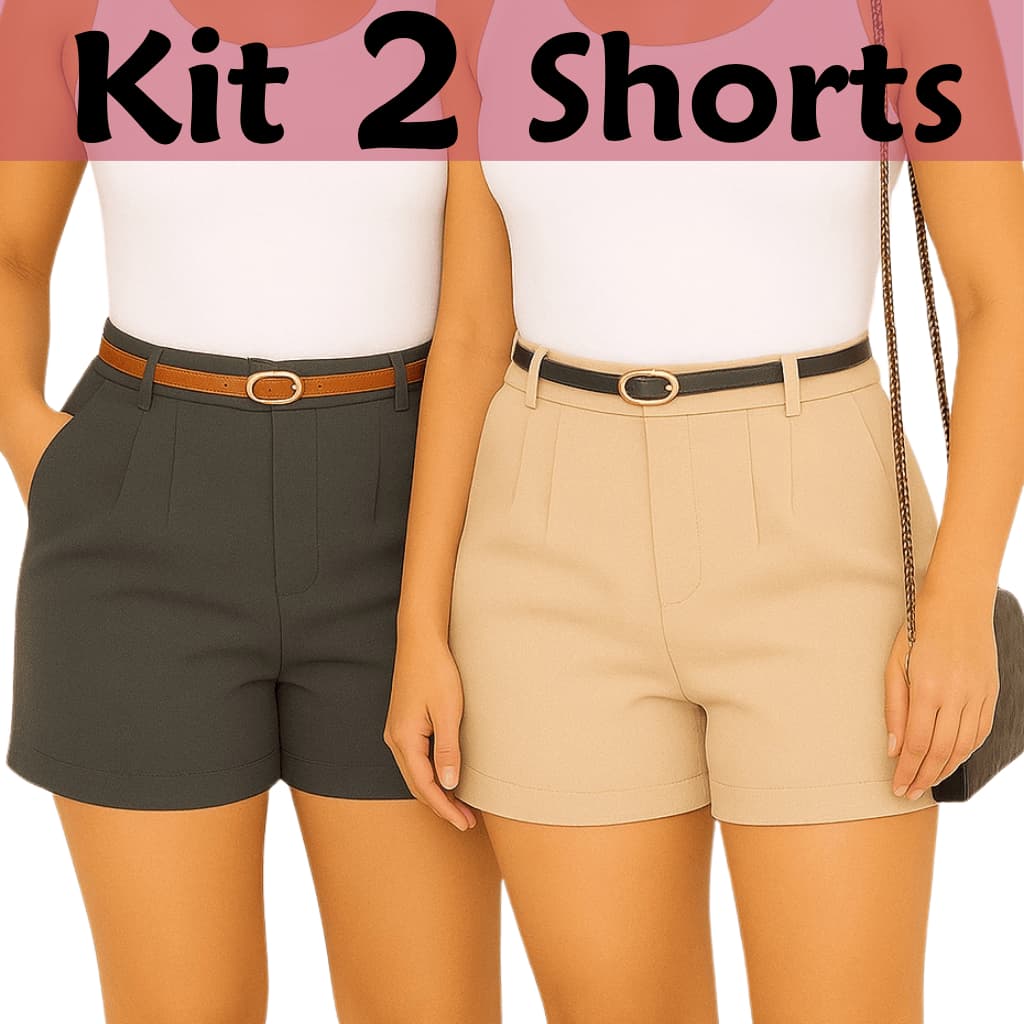 Kit 2 Shorts Alfaiataria Feminino Cintura Alta com Cinto e Ziper lateral