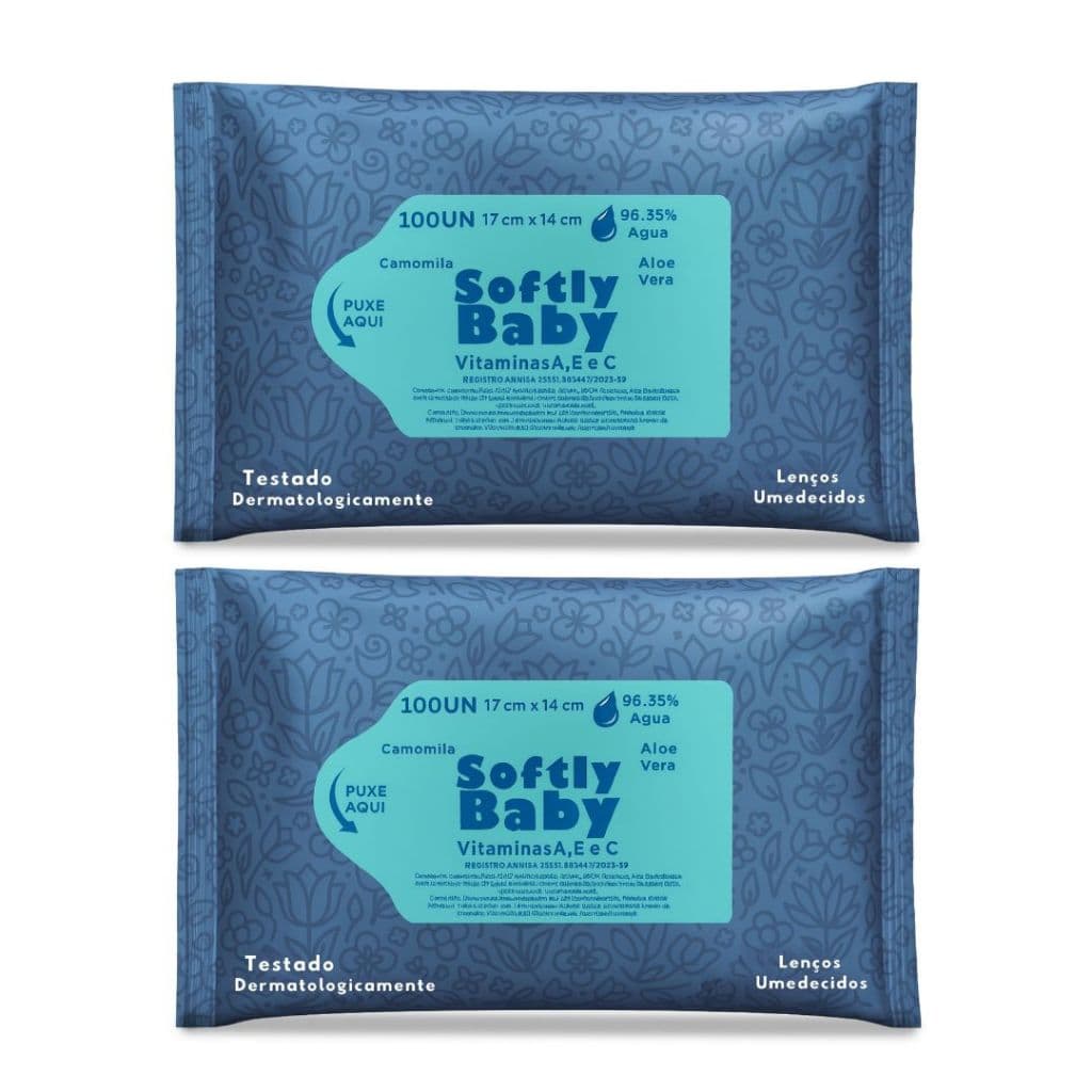 200Un Lenço Umedecido Baby Softly – com Vitaminas A, E, C, Aloe Vera e Camomila (2 pacotes )
