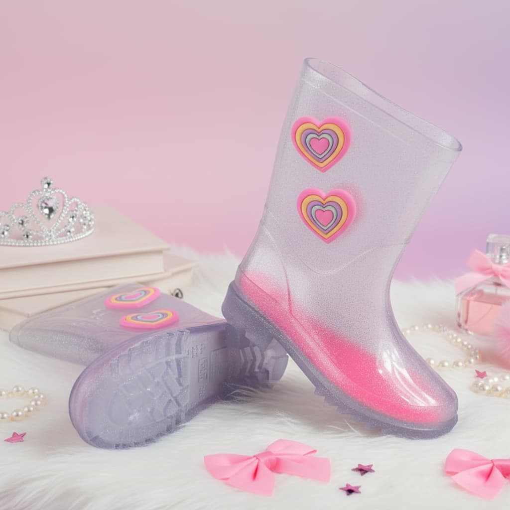 Bota Infantil Galocha Feminina com Coração Impermeável Antiderrapante Leve Confortável Menina