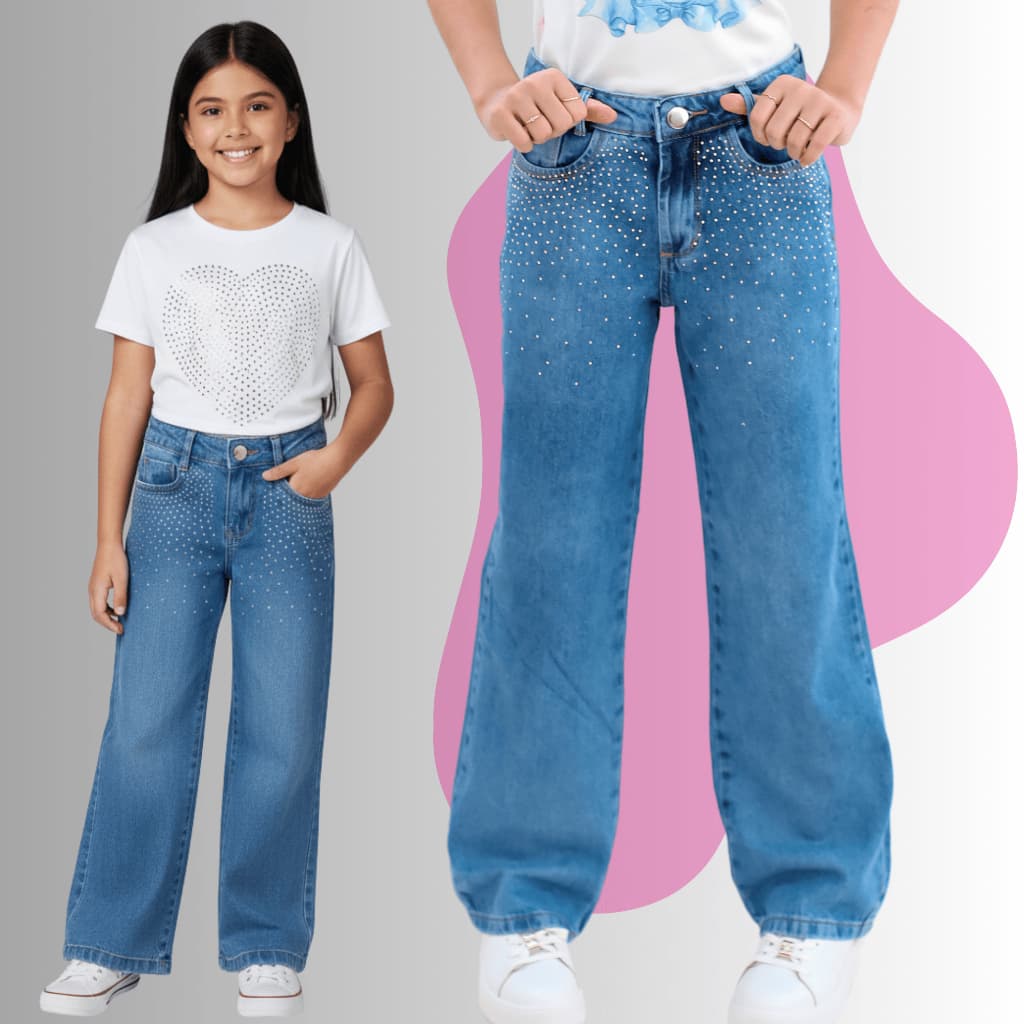 Calça Feminina Wide Leg Jeans Menina STRASS Brilho Estilosa Blogueira Barra Larga Infantil e Juvenil